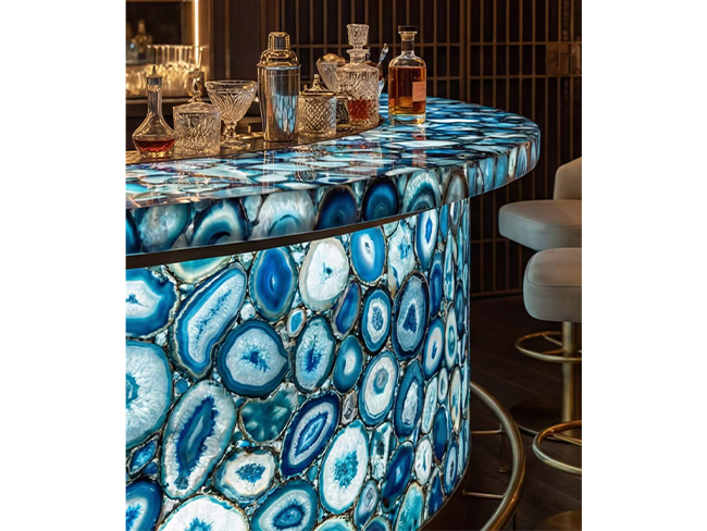 Natural Blue Agate translucent stone panel with gemstone patterns