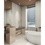 Panneaux en pierre frittée aspect travertin pour meuble-lavabo et douche