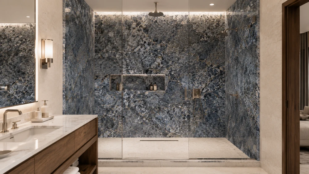 blue bahia granite luxury shower wall completed project blue bahia granite luxury shower wall completed project