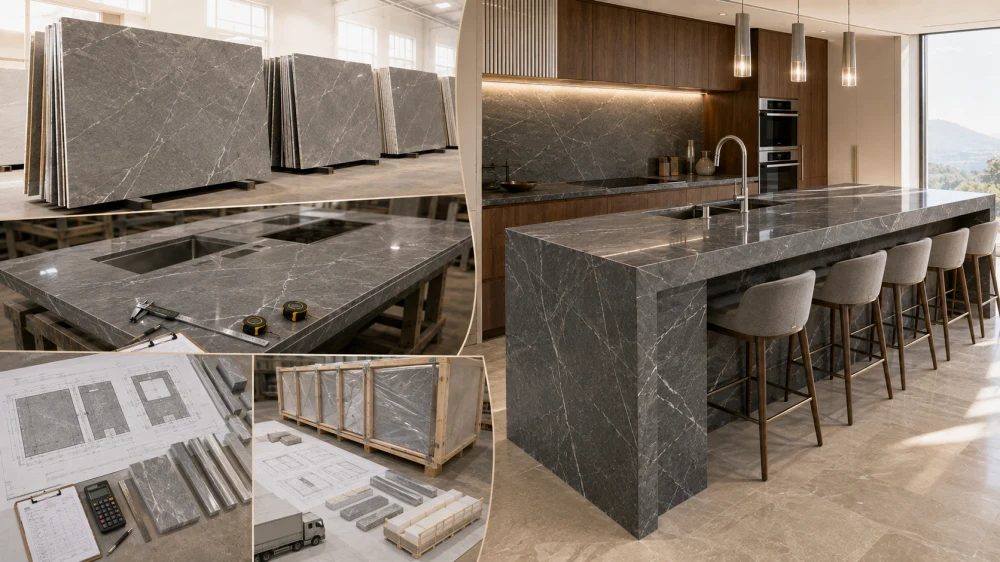ilha de cozinha de luxo em mármore cinza com orçamento — capa editorial ilha de cozinha de luxo em mármore cinza com orçamento — capa editorial