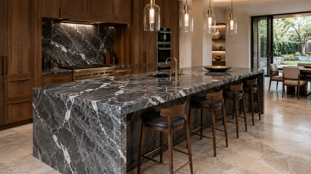 Ilha de cozinha de luxo em mármore grigio carnico – projeto concluído Ilha de cozinha de luxo em mármore grigio carnico – projeto concluído