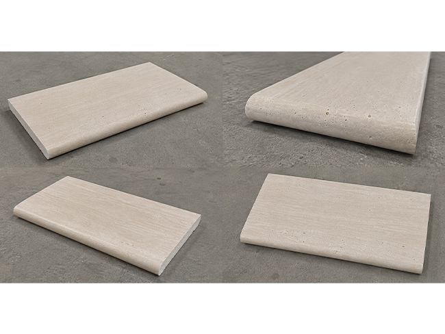 Bullnose natural travertine pool coping with rounded edge profile