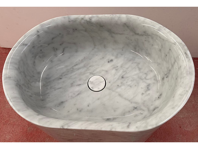 Pia esculpida em Mármore Branco Carrara para pia de lavabo dupla personalizada
