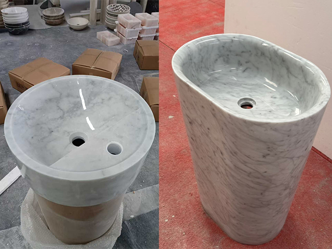 Bacia integrada em Mármore Branco Carrara esculpida sob medida com geometria em pedra arquitetônica