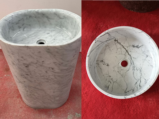 Bacia Integrada em Mármore Branco Carrara na configuração de pia de lavabo em forma de calha longa