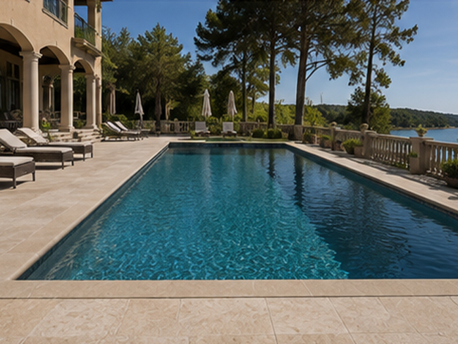 Honed beige limestone pool coping with matte architectural surface