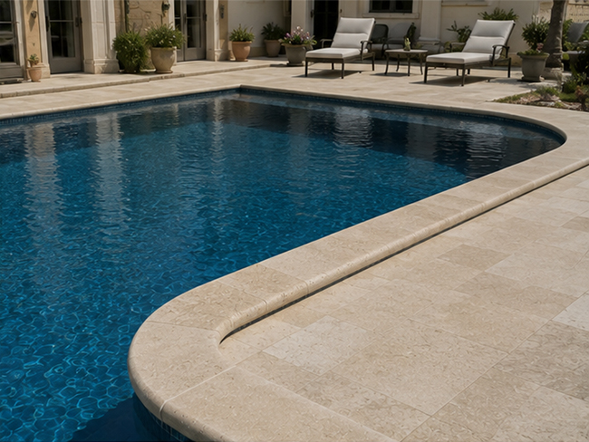 Porto Beige Limestone pool paver coordinated with limestone pool coping