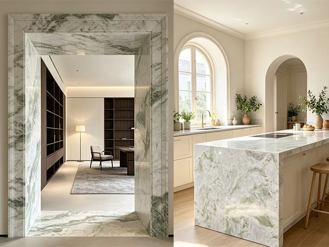 Koordineli doğal taş deseniyle Misty Green Mermer banyo duvarı ve makyaj masası kaplaması