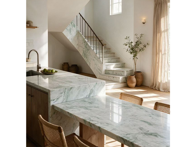 Özel banyo projesi için çift lavabo makyaj masası tezgahı, Misty Green Mermer