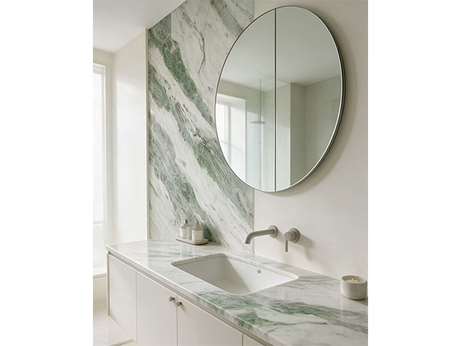 Özel banyo iç mekanı için yüzer tip Misty Green Mermer makyaj masası tezgahı