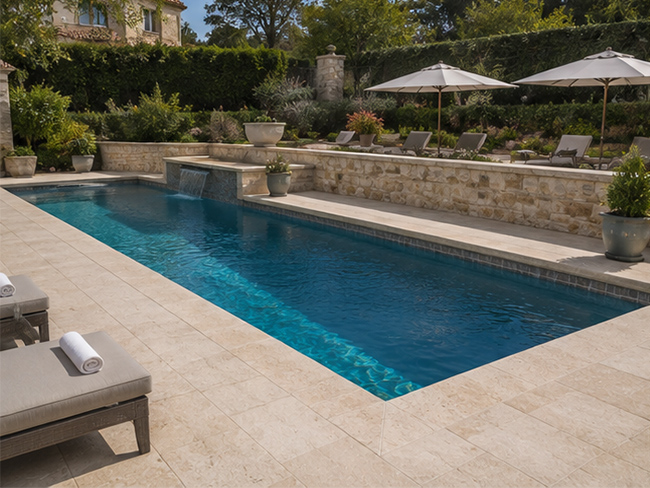 Outdoor Travertine Pool Coping around residential swimming pool