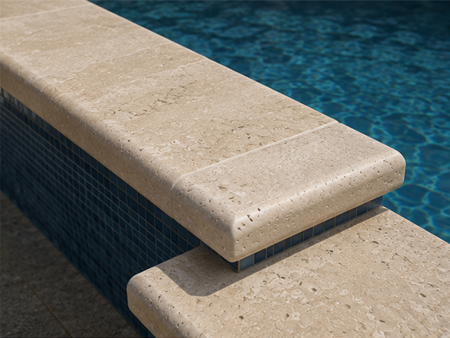 Tumbled Porto Beige Limestone Pool Coping for Mediterranean pool design